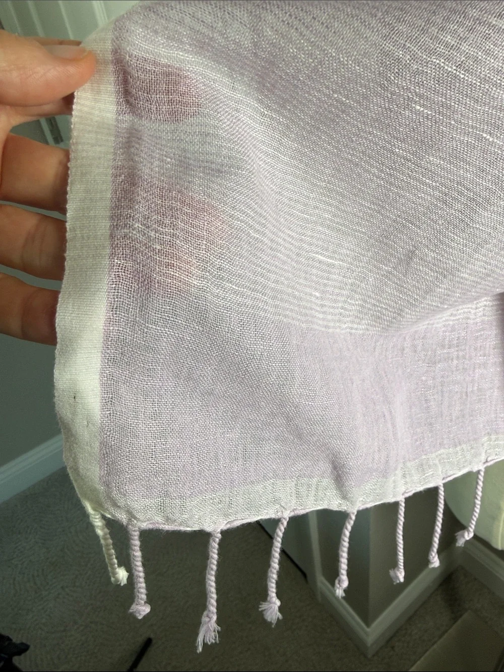 Lavender light purple, lilac linen scarf with white trim and fringe